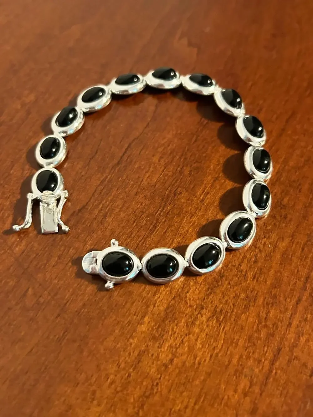 925 Sterling Silver Bezel Set Oval Black Onyx Link Bracelet 7.5